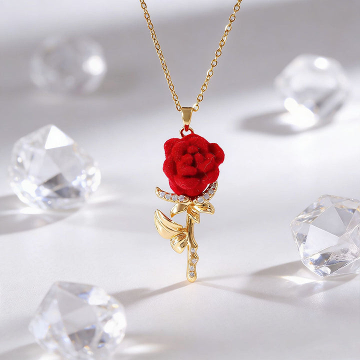 Red Velvet Rose Pendant Necklace Romantic Floral Jewelry