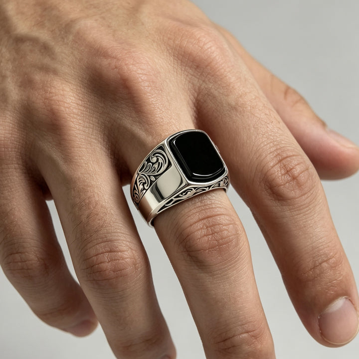Vintage Black Onyx Signet Ring Men's Engraved Filigree Statement Band