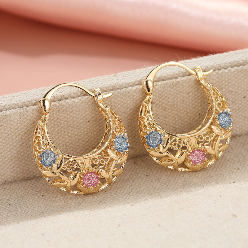 Vintage Floral Enamel Hoop Earrings Gold Hollow Hoop Earrings