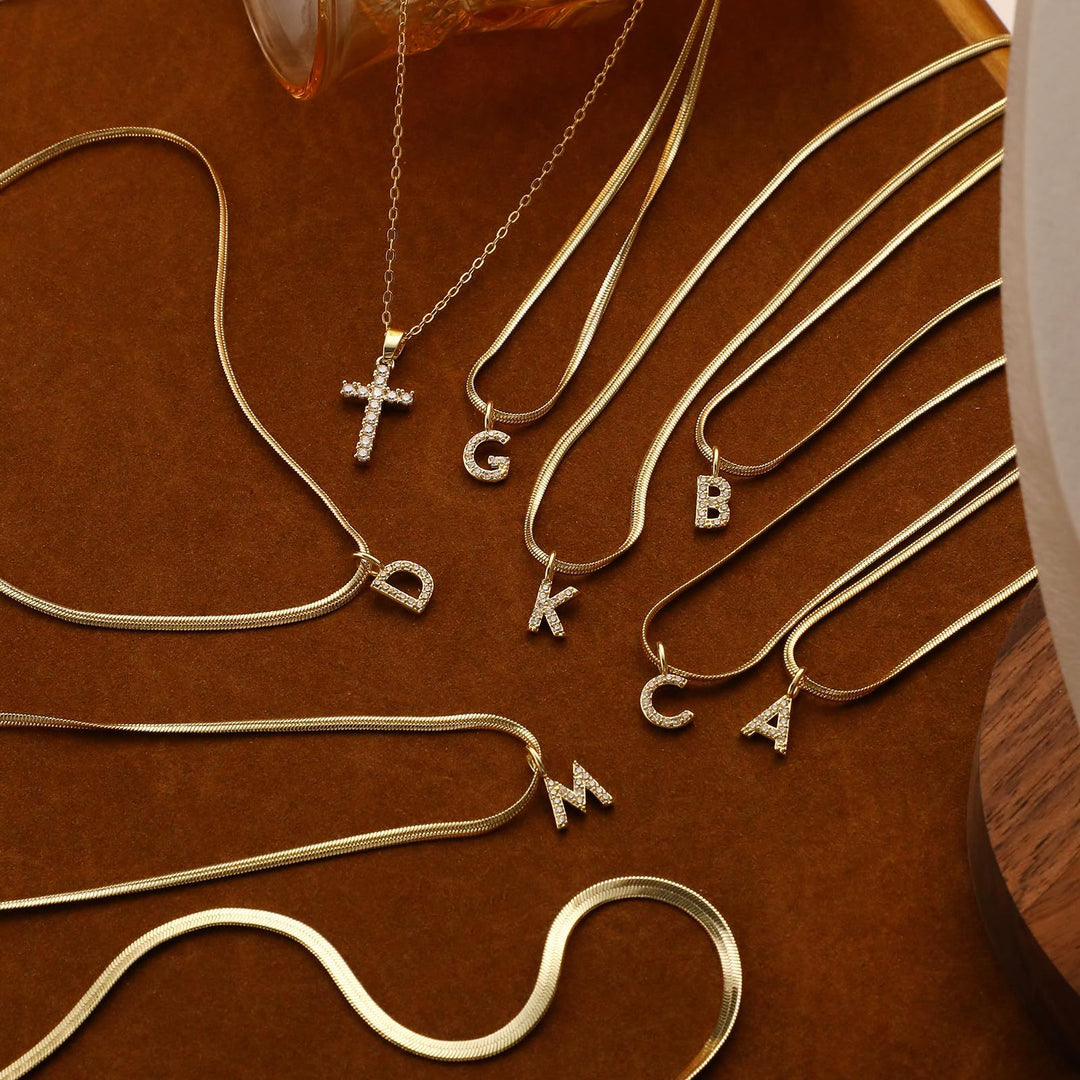 S925 Silver Layered Initial & Cross Pendant Necklace Set 26 Letters Diamond Snake Chain Necklace for Women