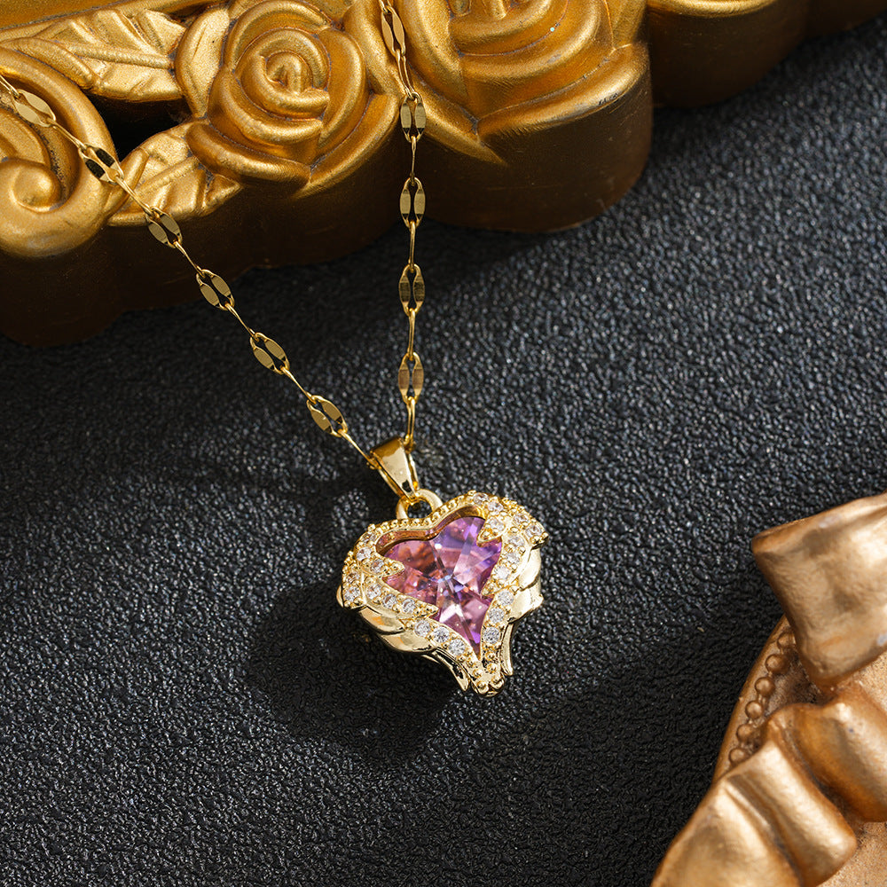 Heart of the Ocean Gemstone Pendant Necklace Romantic Winged Jewelry