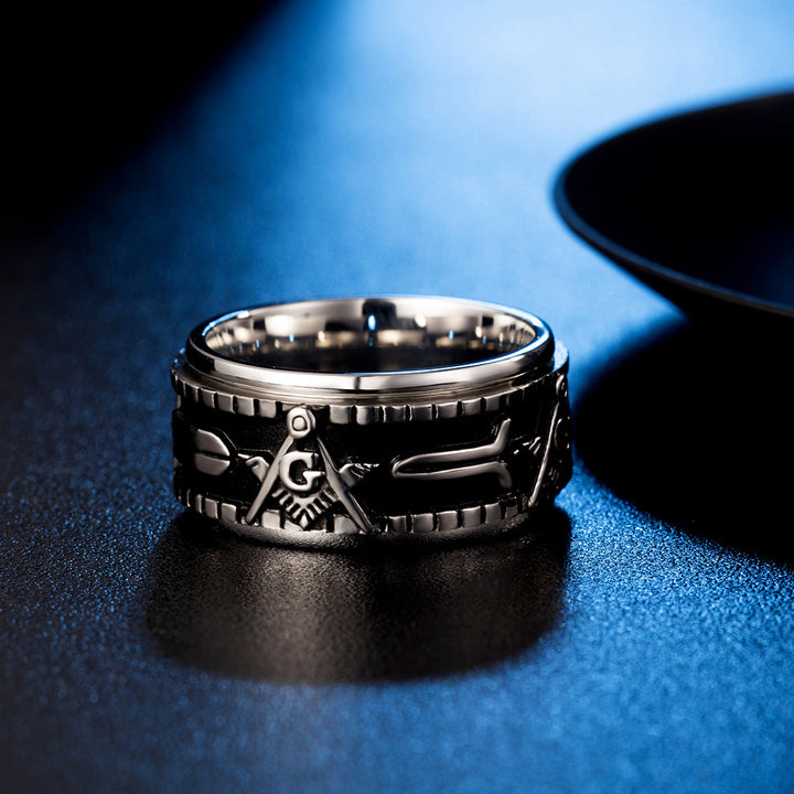 Vintage Freemason Rotatable Spinner Ring, Titanium Steel
