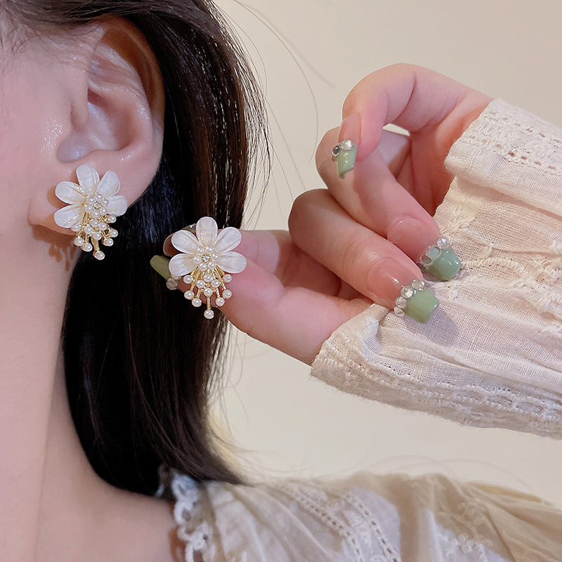 Elegant Flower Pearl Drop Earrings with Sterling Silver Post