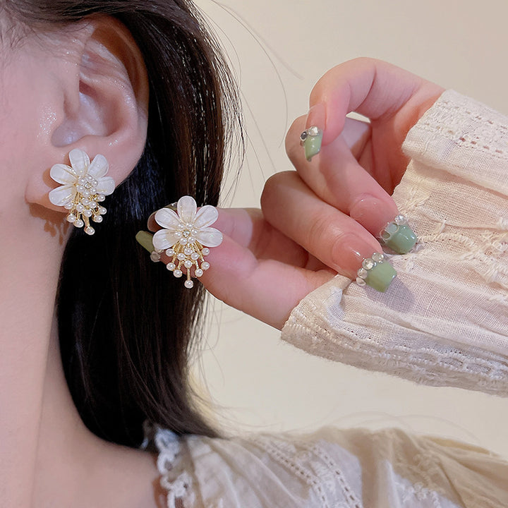 Elegant Flower Pearl Drop Earrings with Sterling Silver Post