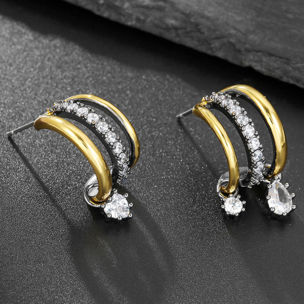 Two-Tone Triple Hoop Earrings with Diamond Charms in S925 Silver & Titanium Steel