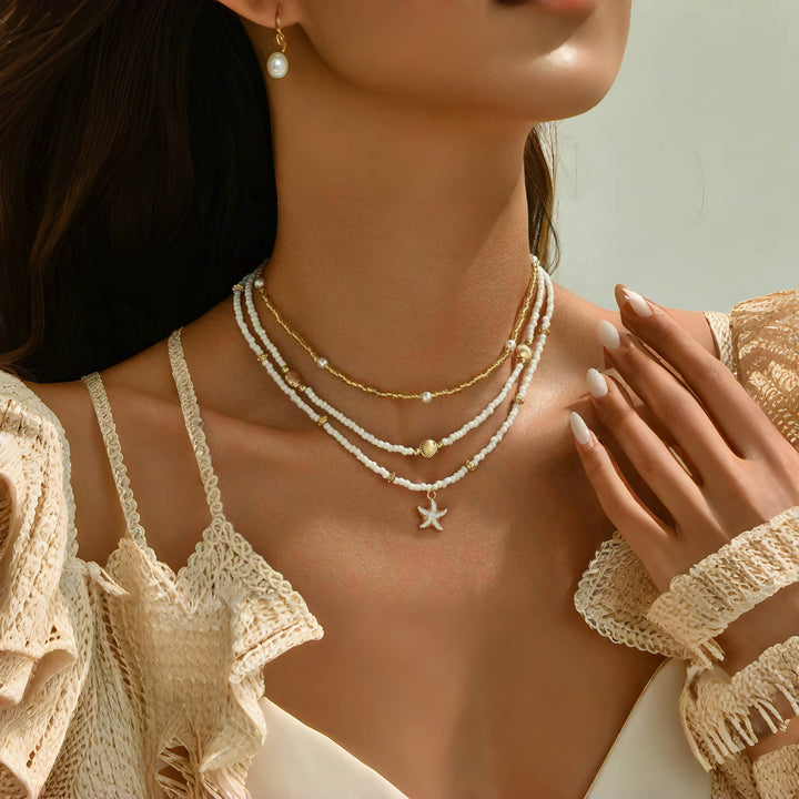 Beach Boho Layered Necklace Set Starfish & Shell Pearl Choker for Women
