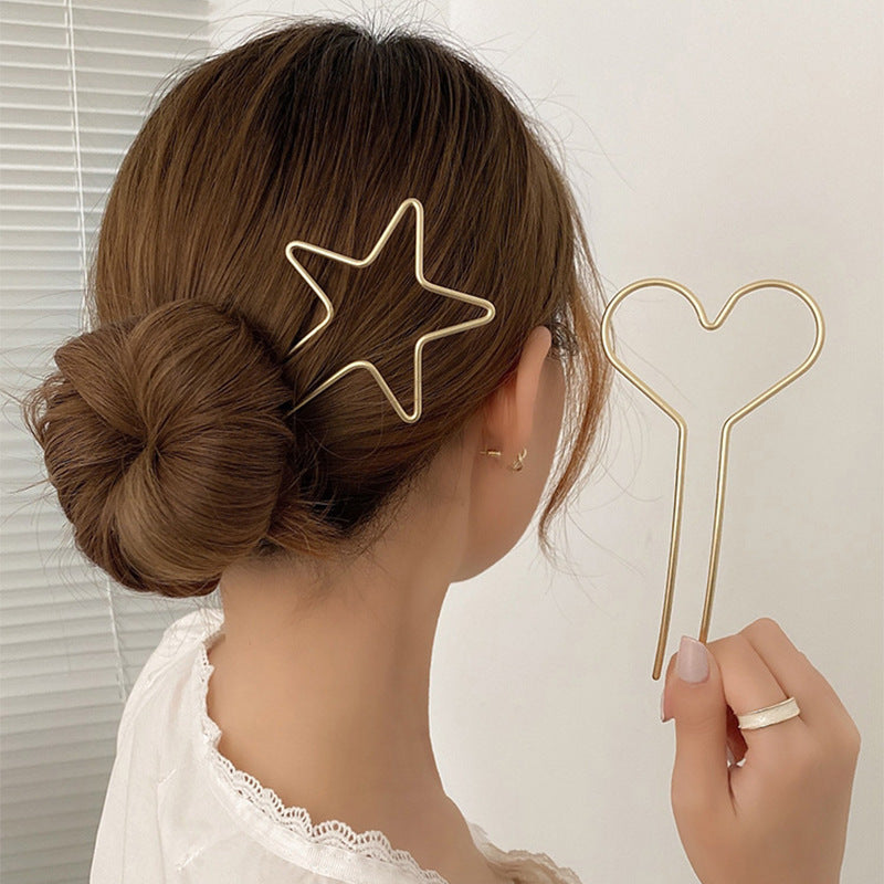 Minimalist S925 Sterling Silver Heart & Star Hair Pins U-Shaped Bun Hair Sticks for Women