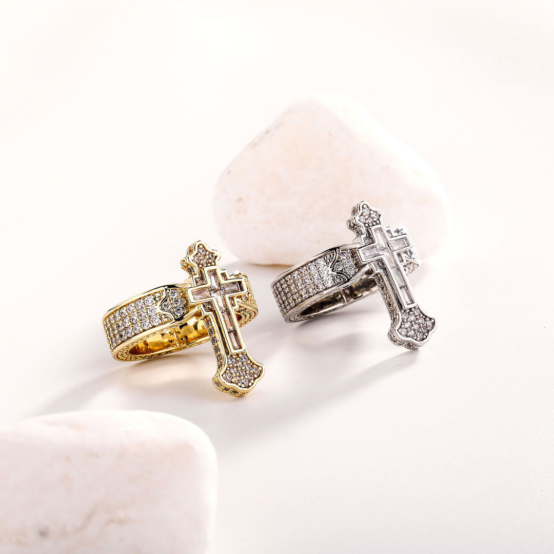 Iced Out Cross Ring | Sterling Silver Diamond Hip Hop Ring for Men & Couples