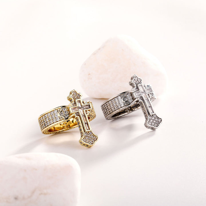 Iced Out Cross Ring | Sterling Silver Diamond Hip Hop Ring for Men & Couples