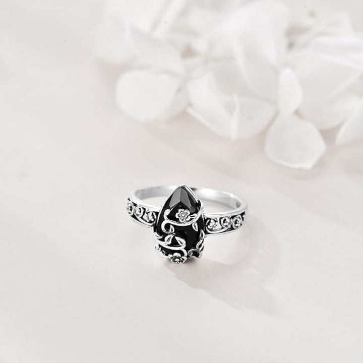 Vintage Teardrop Black Onyx Floral Ring Sterling Silver Antique Style Ring for Women