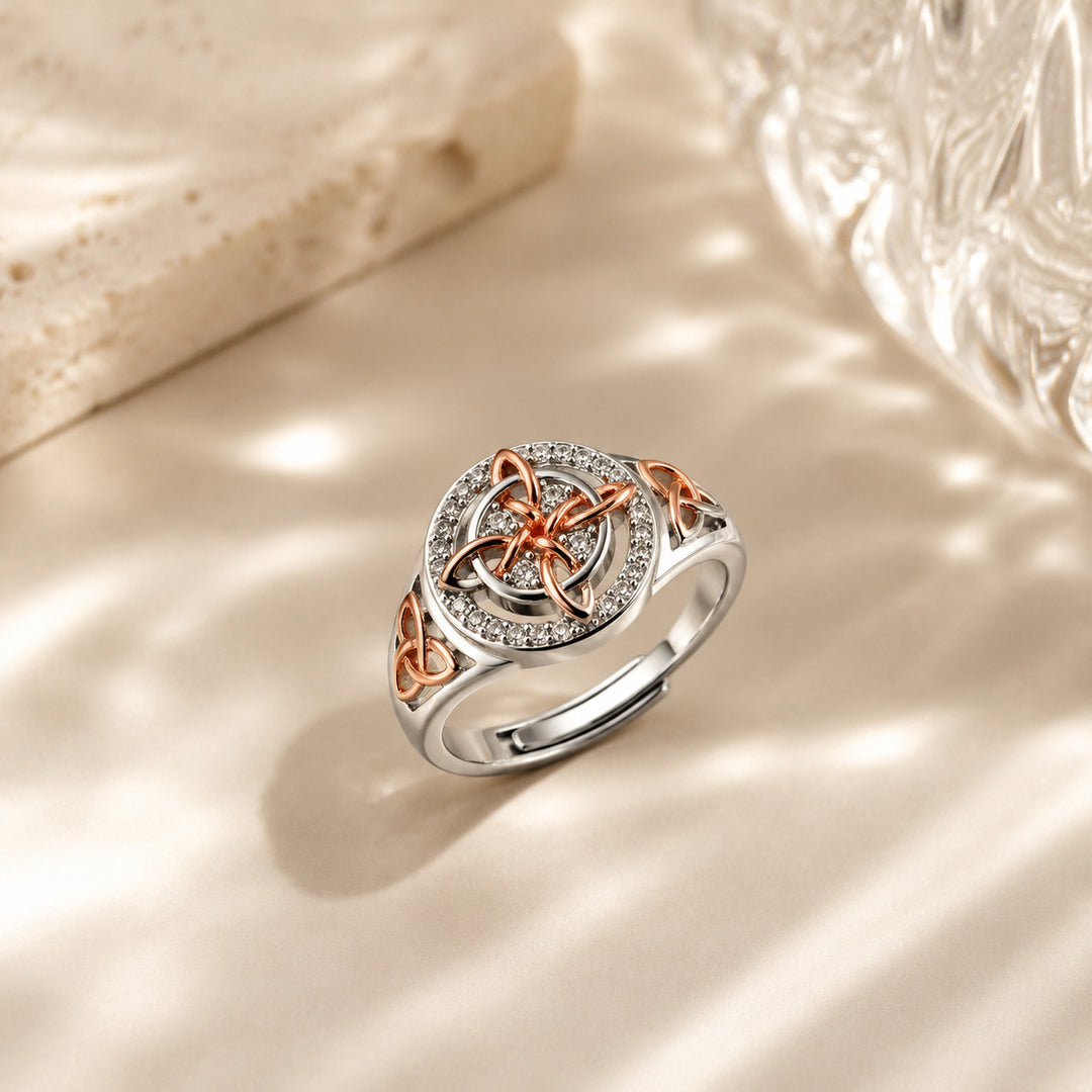 S925 Silver Two Tone Celtic Witch Knot Ring Adjustable Ring with Diamond