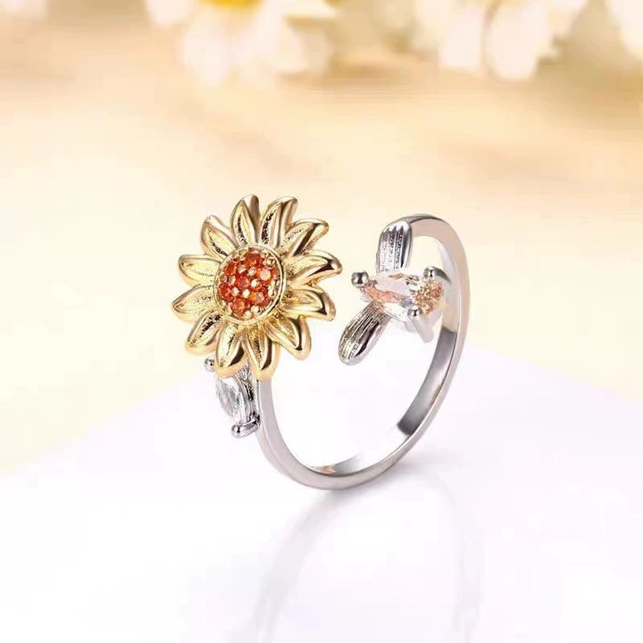 Rotatable Sunflower & Bee Ring, "You Are My Sunshine" Open Ring
