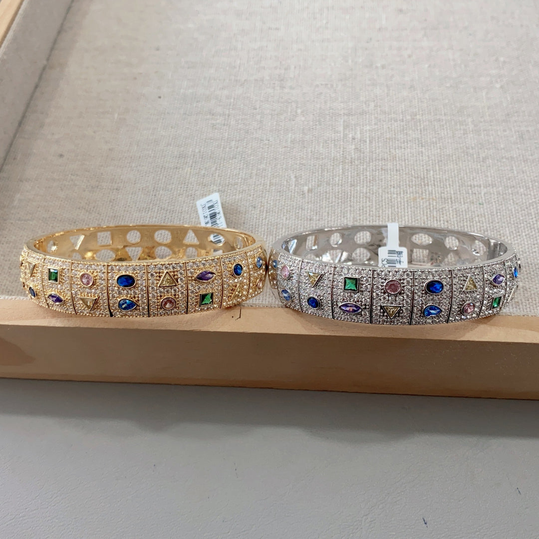 Colorful Geometric Full Pavé Wide Open Cuff Bracelet Luxury Crystal Bangle