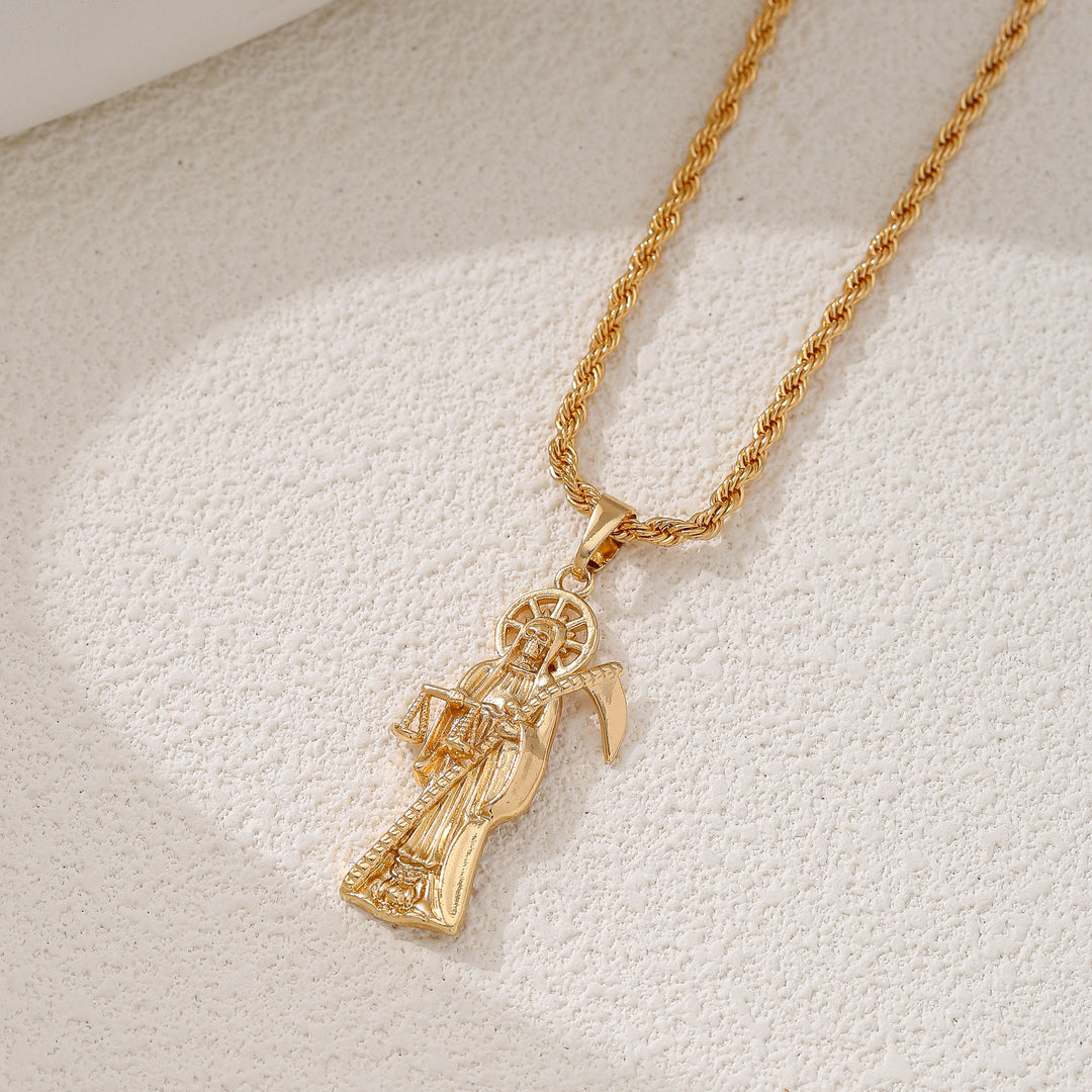 Santa Muerte Grim Reaper Pendant Necklace Twisted Chain Religious Jewelry for Men