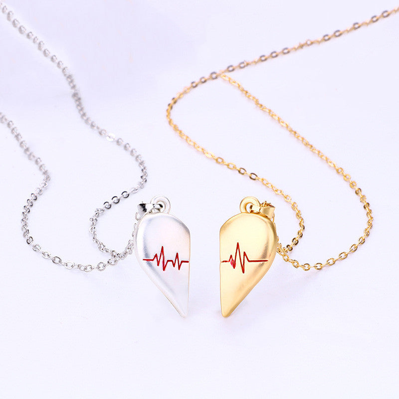 Heartbeat Split Heart Couple Necklaces, Magnetic Matching Pendant Set