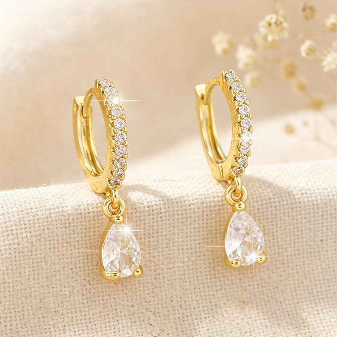 Gold Teardrop Diamond Hoop Earrings with Sterling Silver Post