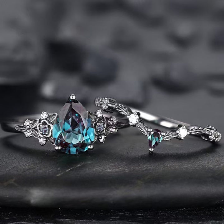 Teardrop Alexandrite Floral Stackable Ring Set