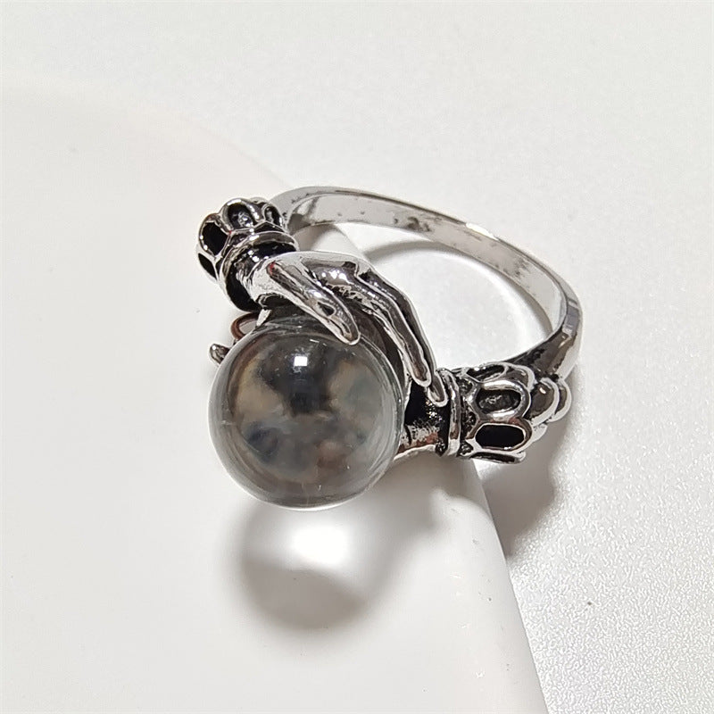 Mystic Hands Holding Orb Ring Sterling Silver Crystal Ball Statement Ring