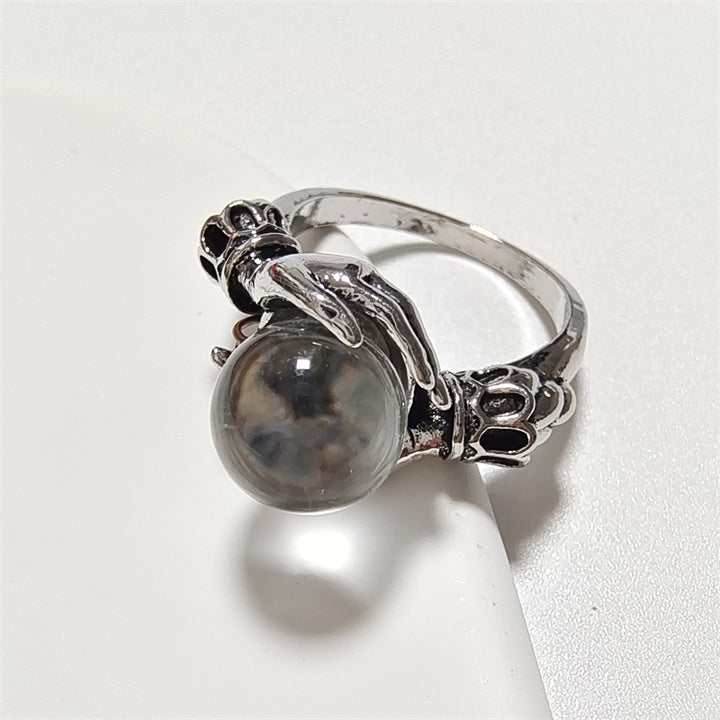 Mystic Hands Holding Orb Ring Sterling Silver Crystal Ball Statement Ring