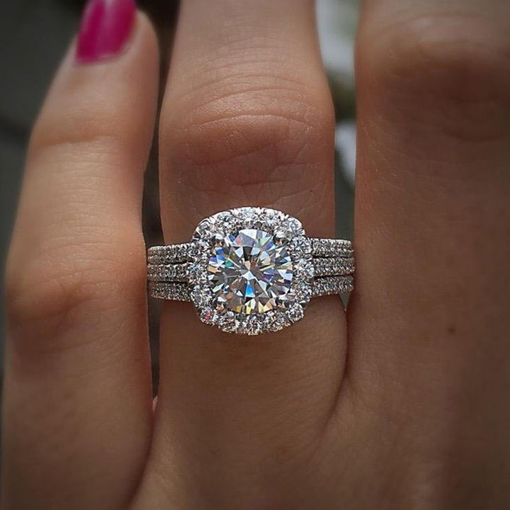 Three-Row Halo Engagement Ring Cushion Cut Gemstone Promise Ring for Women