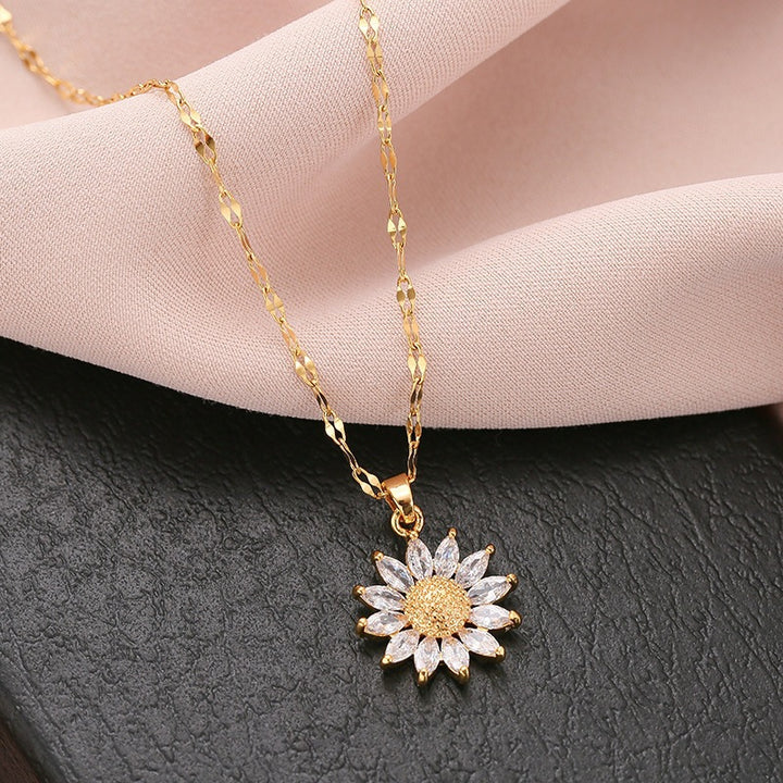 Sunflower Diamond Pendant Necklace 925 Sterling Silver Minimalist Floral Jewelry