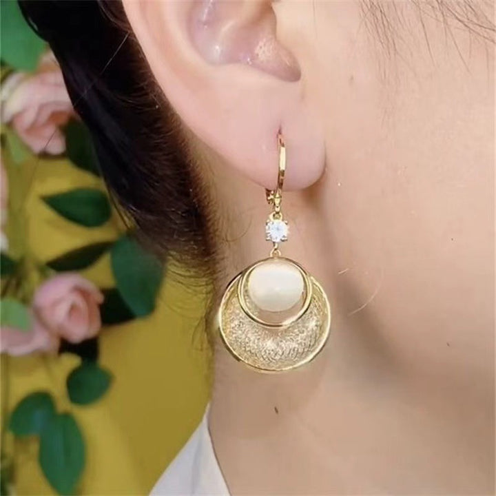 Round Opal Drop Earrings with Diamond Accents