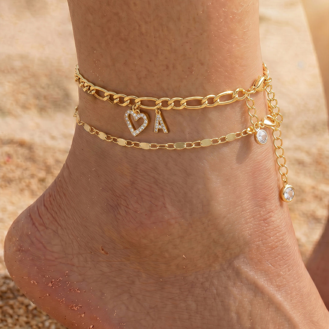 Layered Initial Heart Bracelet & Anklet Set 26 Letters Customizable Beach Jewelry for Women