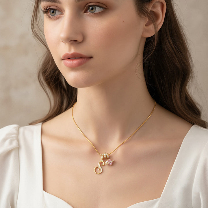 26 Letters & Pink Heart Planet Pendant Necklace Personalized Diamond Snake Chain Necklace for Women