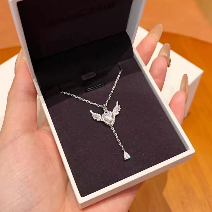 Pink Heart Wing Lariat Necklace - Sparkling Angel Y-Diamond Necklace for Women
