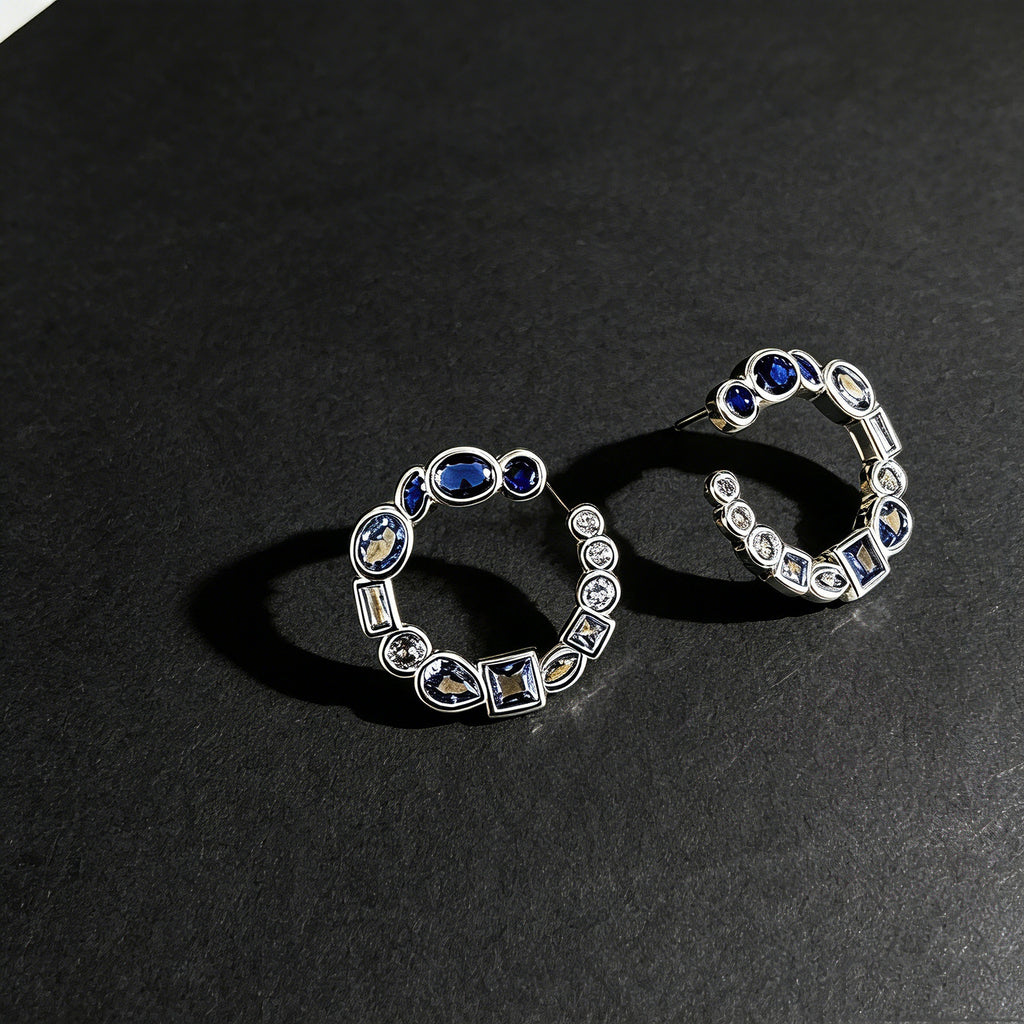 Blue Gemstone C-Shaped Hoop Earrings