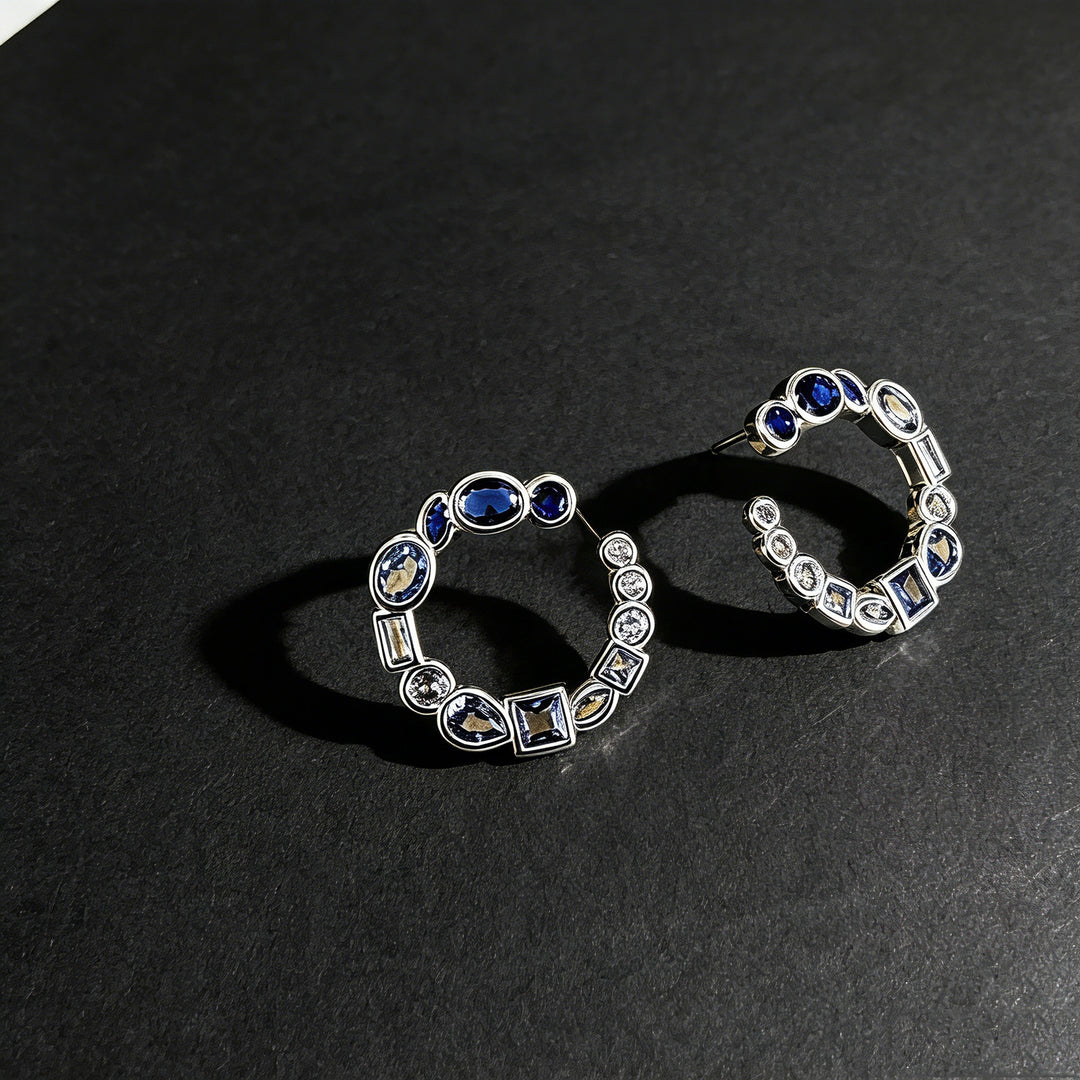 Blue Gemstone C-Shaped Hoop Earrings