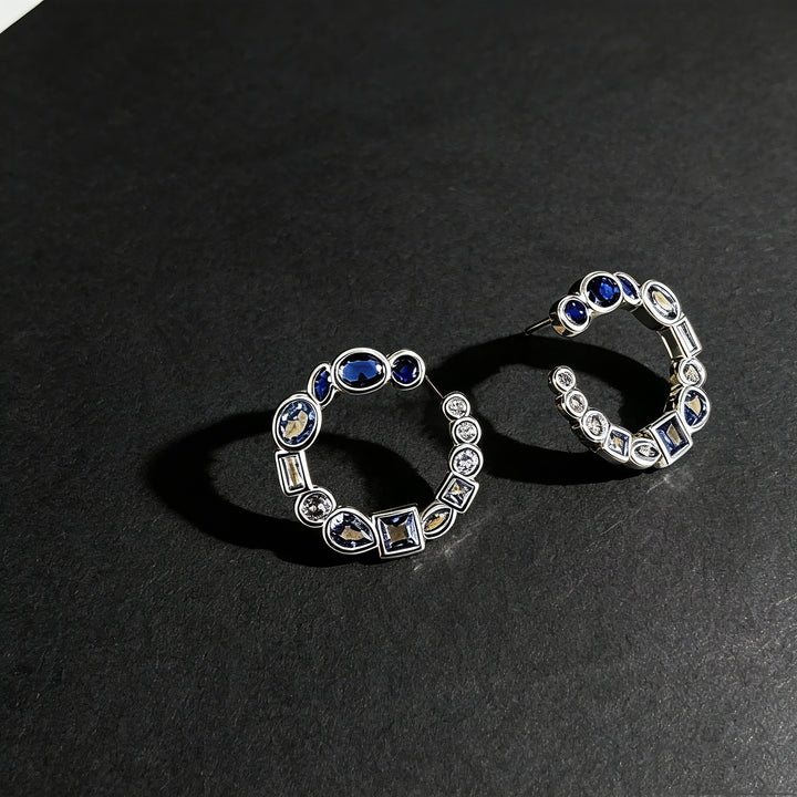 Blue Gemstone C-Shaped Hoop Earrings