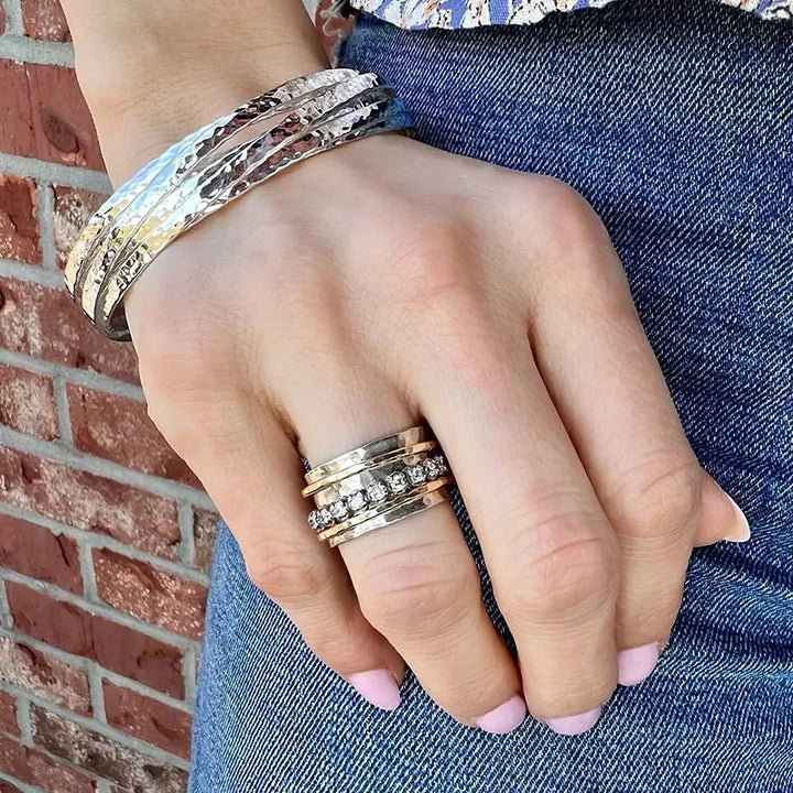 Two Tone Hammered Stacked Band Ring Handcrafted Layered Statement Jewelry For Women