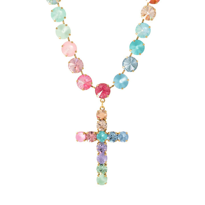Pastel Rainbow Cross Tennis Necklace Women Colorful Crystal Gold Statement Jewelry Gift