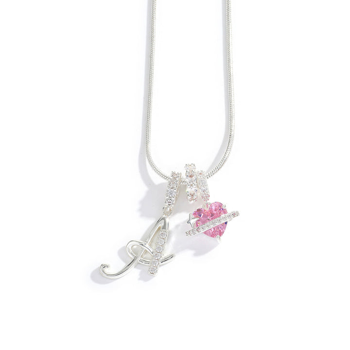 26 Letters & Pink Heart Planet Pendant Necklace Personalized Diamond Snake Chain Necklace for Women