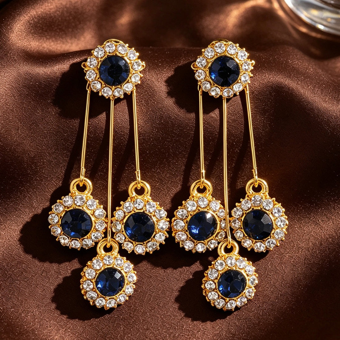 Vintage Blue Diamond Tassel Drop Earrings Women Long Halo Cluster Gold Royal Evening Earrings