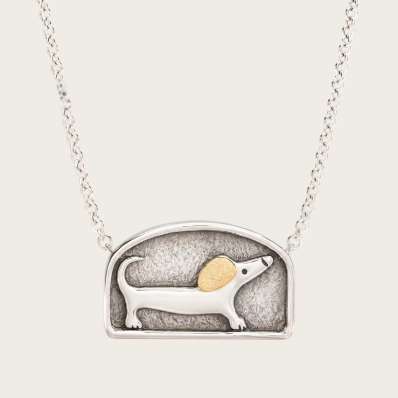 Floating Movable Dachshund Necklace Two-Tone 925 Sterling Silver Dog Lover Jewelry