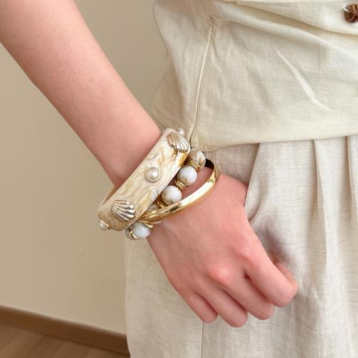 Metal Resin Marbled Shell Open Cuff Bracelet