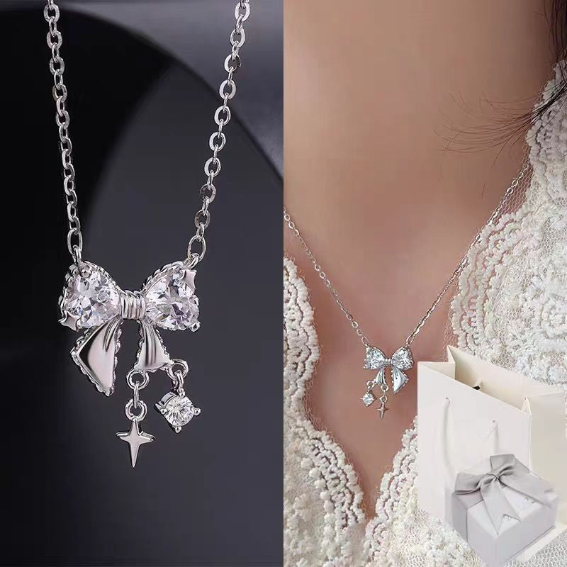 Minimalist Bow Pendant Necklace Delicate Gemstone Jewelry