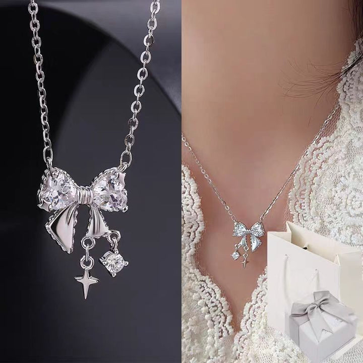 Minimalist Bow Pendant Necklace Delicate Gemstone Jewelry