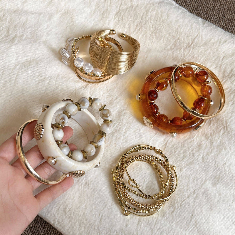 Metal Resin Marbled Shell Open Cuff Bracelet