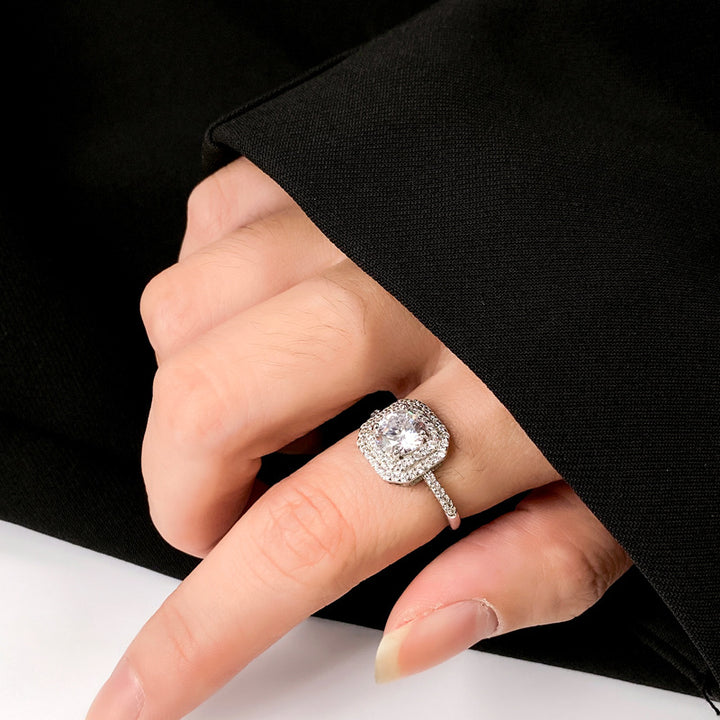 Sterling Silver S925 Diamond Halo Ring for Women Square Statement Design