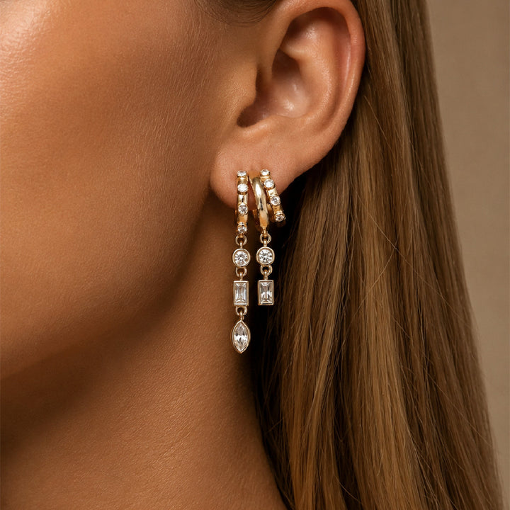 Layered C-Shaped Drop Earrings - Geometric Diamond Chandelier Earrings for Women