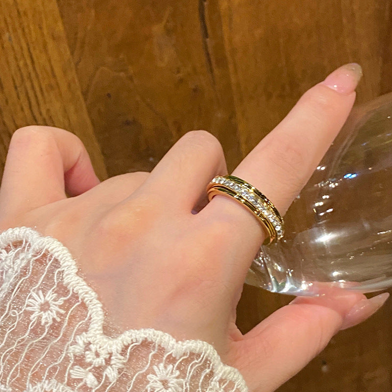 Spinning Double Row Diamond Ring Fidget Anxiety Relief Stackable Band for Women