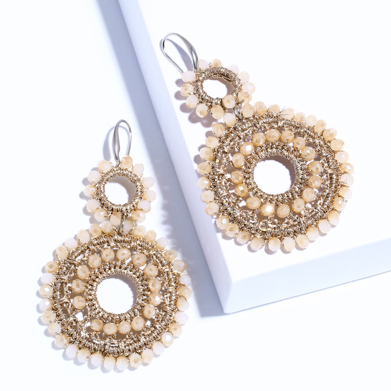 Boho Double Circle Beaded Drop Earrings Colorful Handwoven Statement Earrings for Women