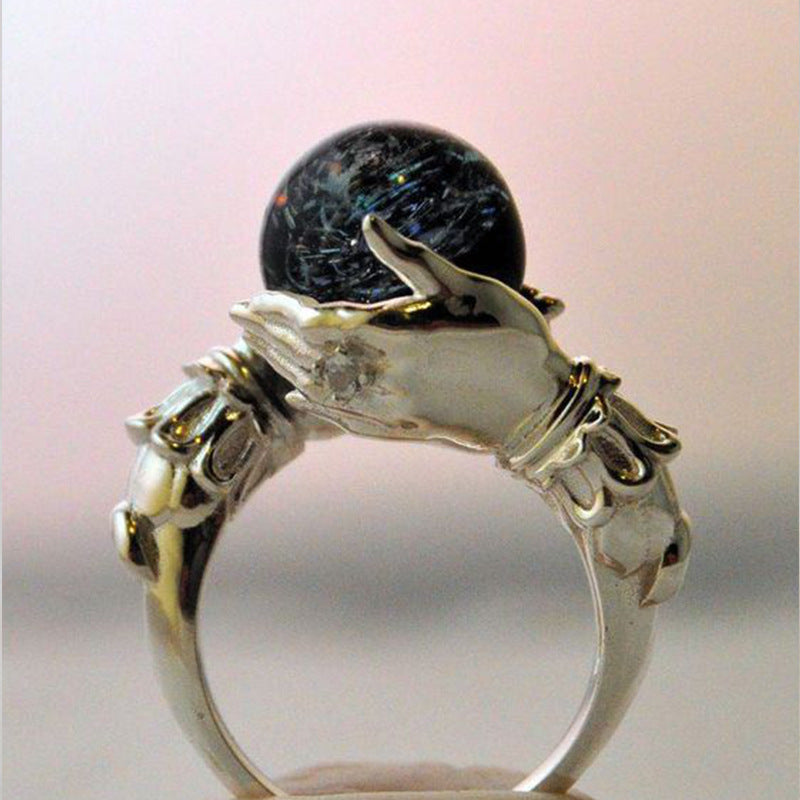 Mystic Hands Holding Orb Ring Sterling Silver Crystal Ball Statement Ring
