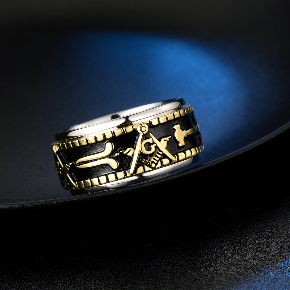 Vintage Freemason Rotatable Spinner Ring, Titanium Steel