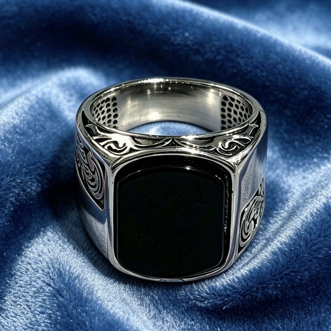 Vintage Black Onyx Signet Ring Men's Engraved Filigree Statement Band