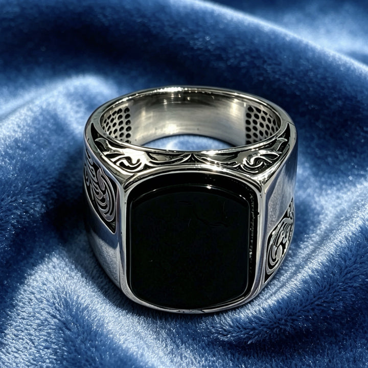 Vintage Black Onyx Signet Ring Men's Engraved Filigree Statement Band