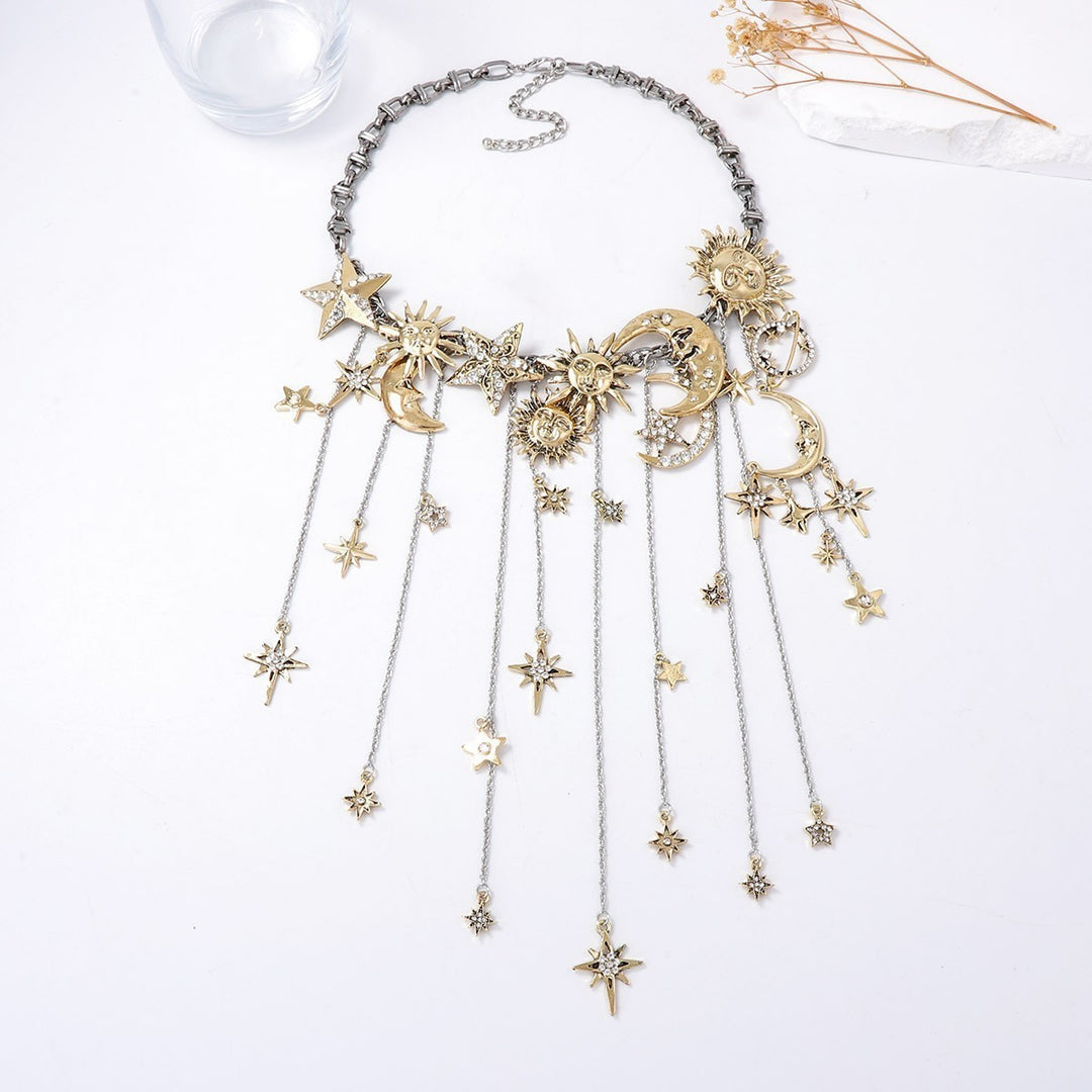 Celestial Sun Moon Star Fringe Necklace Two-Tone Crystal Statement Jewelry for Women
